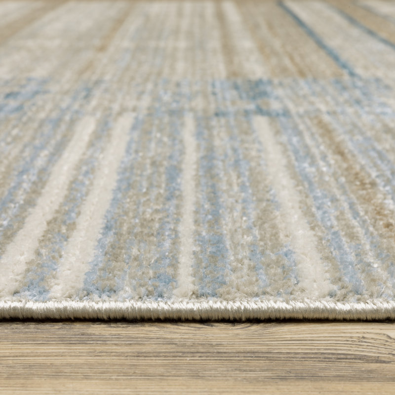 Brice Power-Loom recyclé P.E.T. Tapis géométrique bleu / beige, Tapis de couloir 2 pi 3 po x 7 pi 6 po