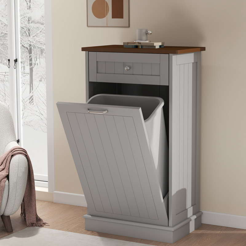 Armoire poubelle inclinable de 13 gallons de style Mid-Century moderne avec grand tiroir de rangement, porte-bac de recyclage de cuisine en bois massif et trieur de linge, poubelle peu encombrante pour salle à manger, vestibule ou garde-manger