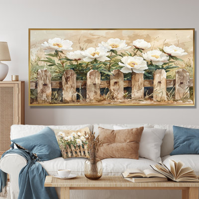"Pagnes de campagne par la vieille clôture II", pivoines, art encadré