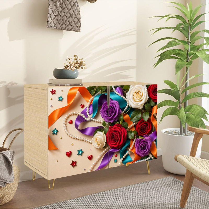 Buffet Buffet avec rangement Roses rouges, mauves, blancs, rubans de perles, satin, rubans, beige, 2 portes pour le salon et la cuisine