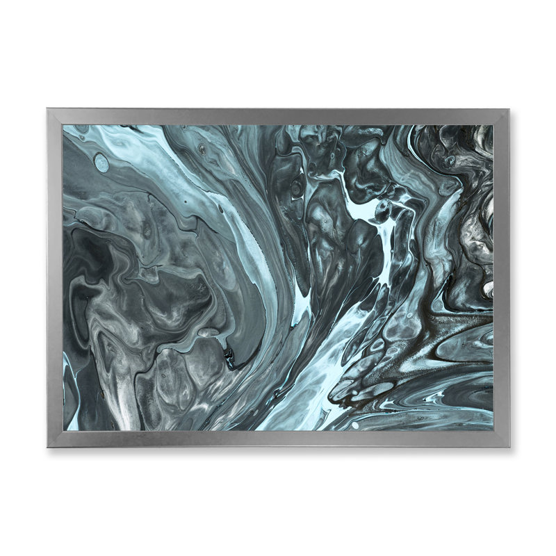 Gris et turquoise liquide, art abstrait sur toile, Cadre argenté, H 13,5 po x l 21,5 po x P 1 po