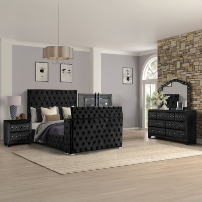 Encore Modern Style Tufted And Upholstered King 4PC Bedroom Set Made With Wood In Black(NJ Inventory)