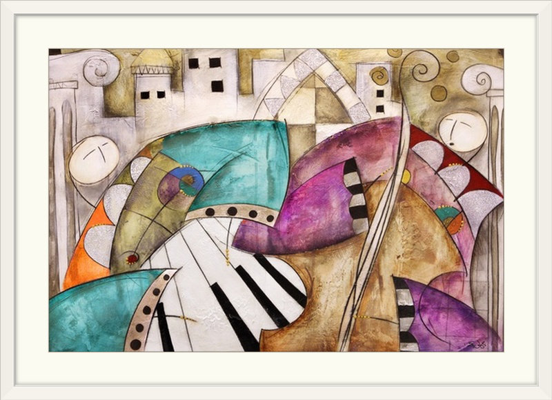 «Antique City Jazz I Piano Bass» par Eric Waugh, impression, H 20 po x l 26 po x P 1 po, Cadre blanc