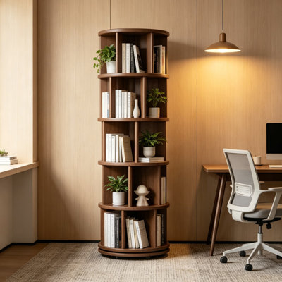 Solid Wood Rotating Bookshelf On Wheels, 5 Tier Round Revolving Bookcase, 360 Degree Spinning Book Tower For Kids, Narrow Rolling Bookshelves For Small Spaces, Corner Bedroom Office, Walnut