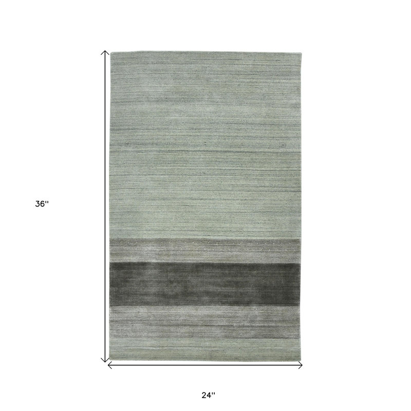 Tapis rayé en laine 2 pi x 3 pi gris et vert clair tissé à la main