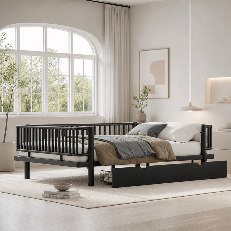 Lit de jour Queen Size avec tiroirs, Noir