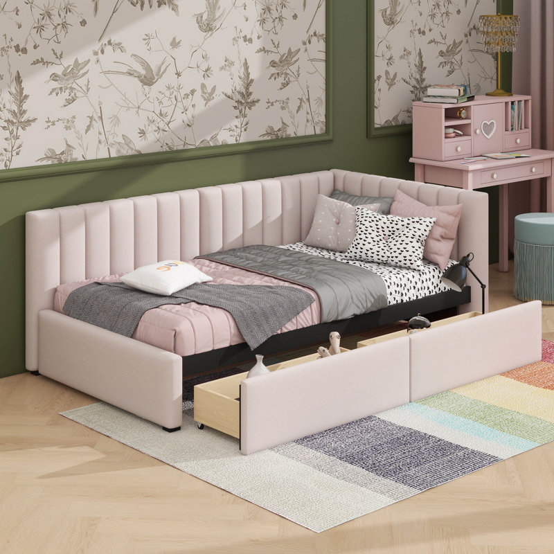 Twin-Size Upholstered Daybed With Two Built-In Drawers, Beige