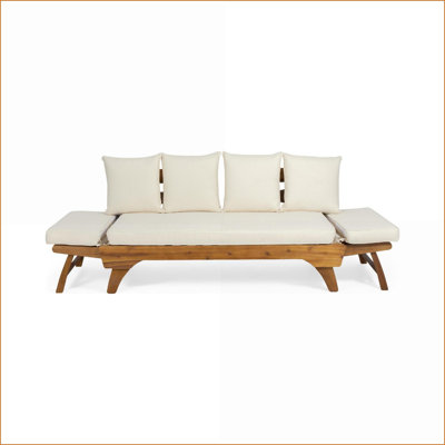 Canapé d'extérieur extensible, canapé de patio en bois d'acacia avec accoudoirs réglables pour porche de patio près de la piscine | Tissu | Teck