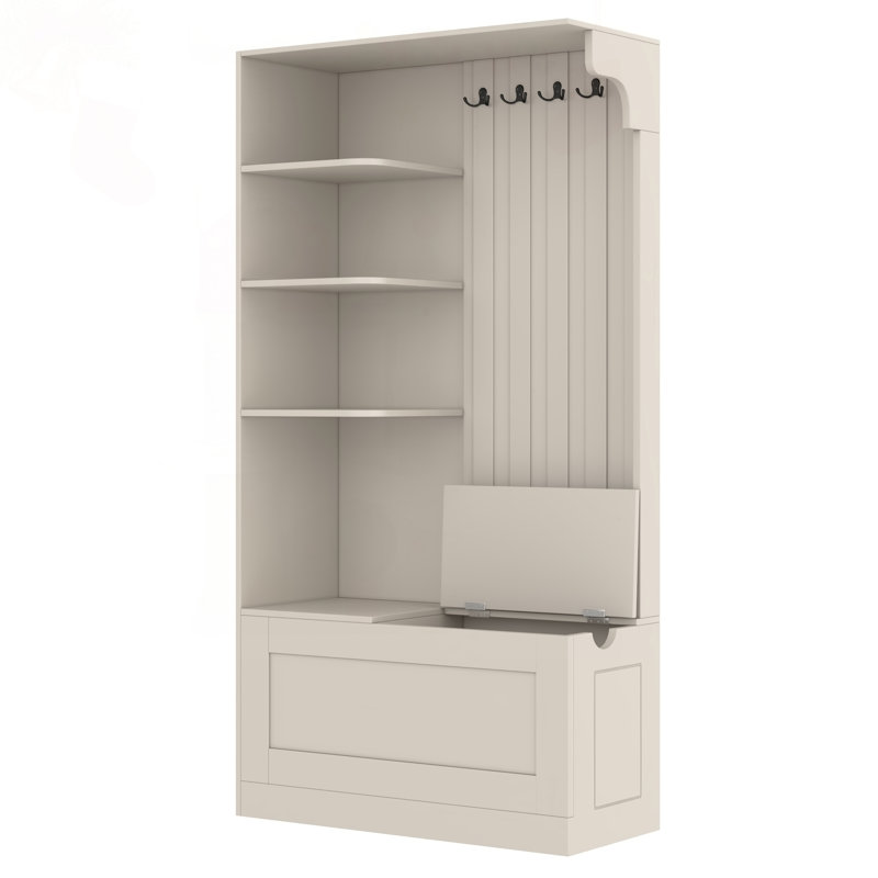 Armoire de vestibule multifonctionnelle gauche-droite avec 4 crochets et rangement, Beige