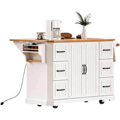 56 Inch Kitchen Island With Rubber Wood Veneer Drop Leaf, Power Outlet, 4 Door Shelves, Embossed Vertical Stripe Rolling Kitchen Cart On 4 Wheels With 6 Deep Drawers For Kitchen, Dining Room