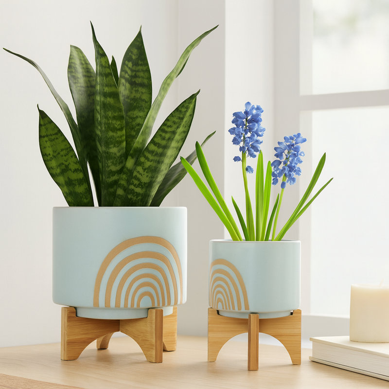 Rainbow Motif Outdoor Planters on Wood Stands for Indoor Home Decor - Modern Ceramic Flower Pots for Living Room or Patio - Set of 2, 11", 7" Green & Tan