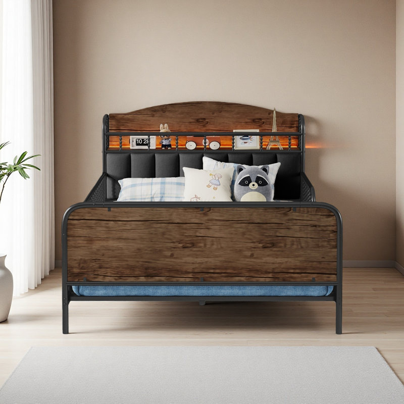 Structure de lit plateforme en métal avec lumière, lit en métal pour enfants avec tête de lit tapissier et rangement