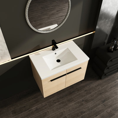 Armoire de salle de bain en résine pour comptoir - meuble-lavabo en chêne 30 po avec lavabo, armoire 2 portes, résistante aux rayures et au ternissement, conception américaine