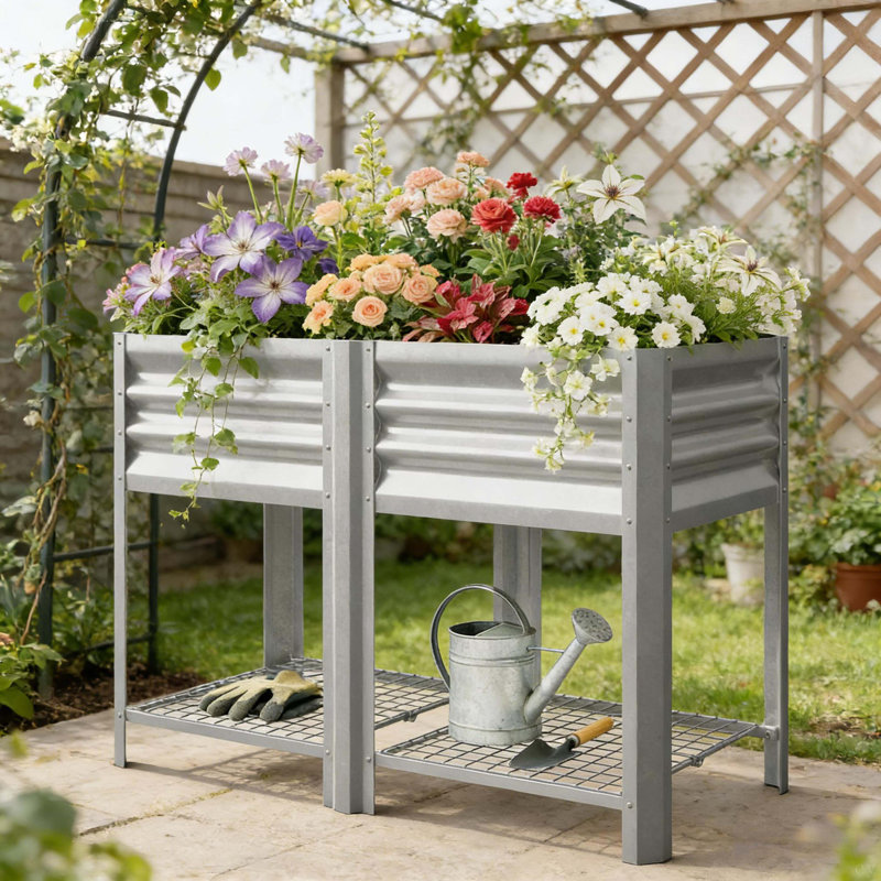 Planter Box,Outdoor Elevated Planter Box,Raised Garden Bed, Silver