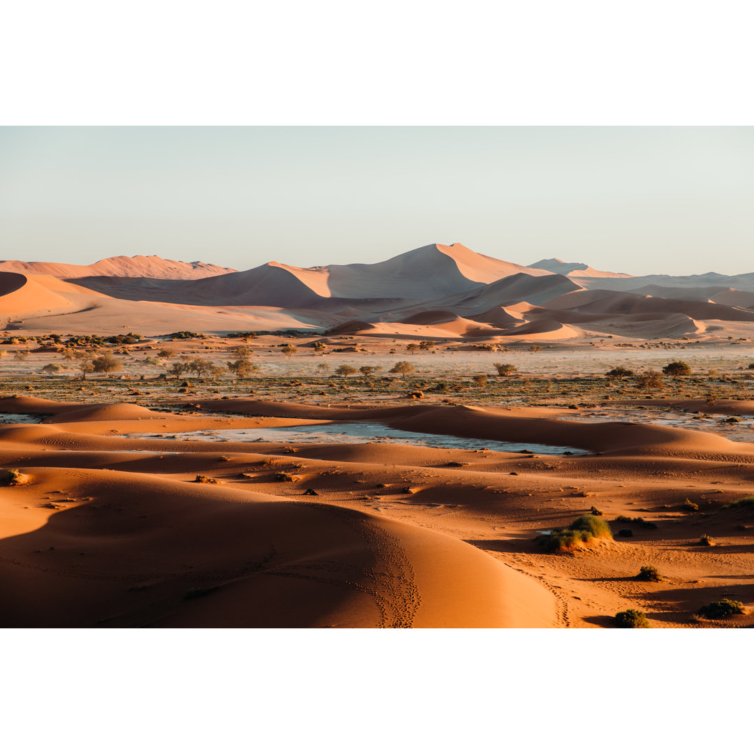 Malerische Aussicht auf die Wüstenlandschaft mit Sanddünen bei Sonnenaufgang in Sossusvlei, Namibia von Anastasiia Shavs...