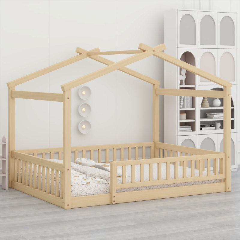 Structure de lit en bois avec clôture, Naturel