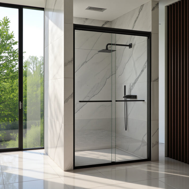 44"-48"w*72" H Semi-frameless Double Sliding Shower Door, Bypass Shower Door, 1/4" (6mm) Thick Sgcc Tempered Glass Door, Matte Black