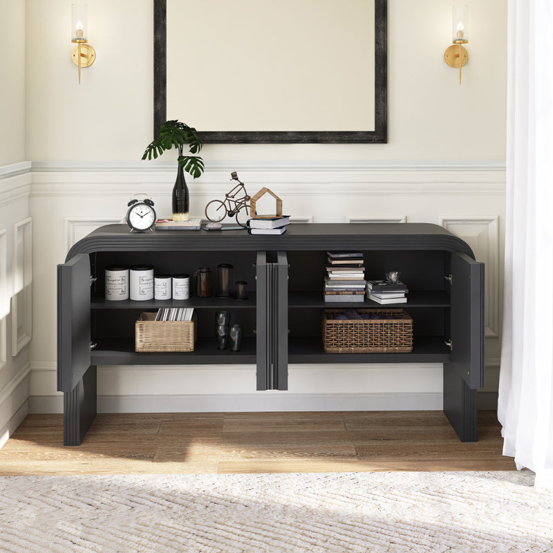Armoire de rangement en bois à motif de vagues de 63 po avec tablette réglable, Noir