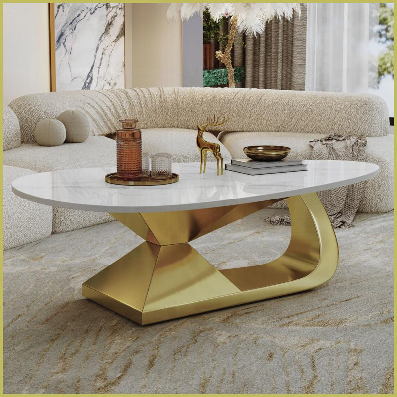 Table basse en pierre frittée avec base en acier inoxydable, Doré