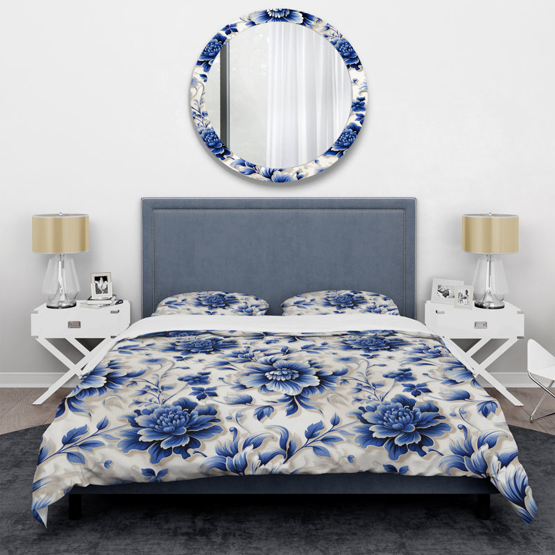 Literie Neo Victorian Cobalt, Housse de couette pour grand lit et 2 taies décor