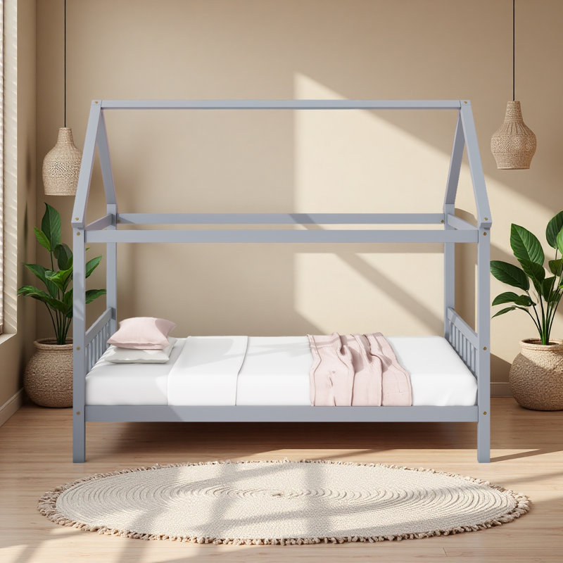 Twin House Bed With Headboard And Footboard, Light Gray