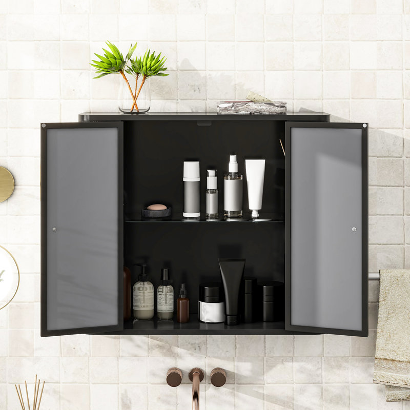 Armoire de salle de bain avec 2 portes en miroir, compartiment ouvert, cadre, noir antique, design contemporain, miroir de rangement de 8,2 po de largeur et tablette, moderne Mid-Century, profondeur de 27,71 po, largeur