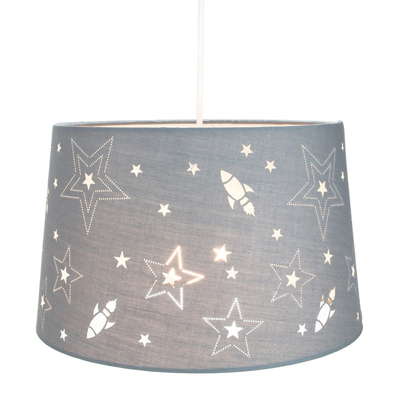 Fun Rockets and Stars Childrens/Kids Cotton Bedroom Shade or Lamp, Grey