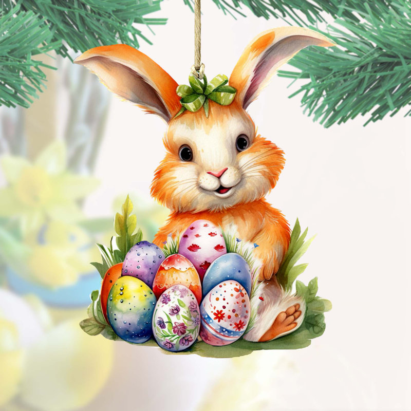 Ornement en forme de lapin avec des œufs en bois, par Debrekht
