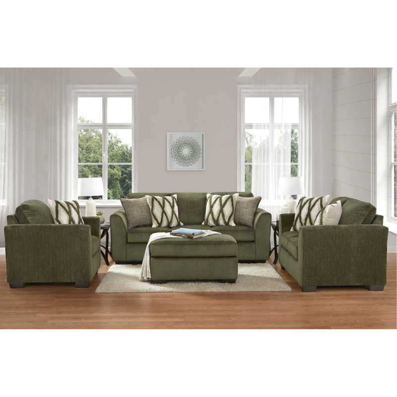 Marvella 4-Piece Living Room Set, Sofa, Loveseat, Chair, and Ottoman with Mosswood Chenille Upholstery