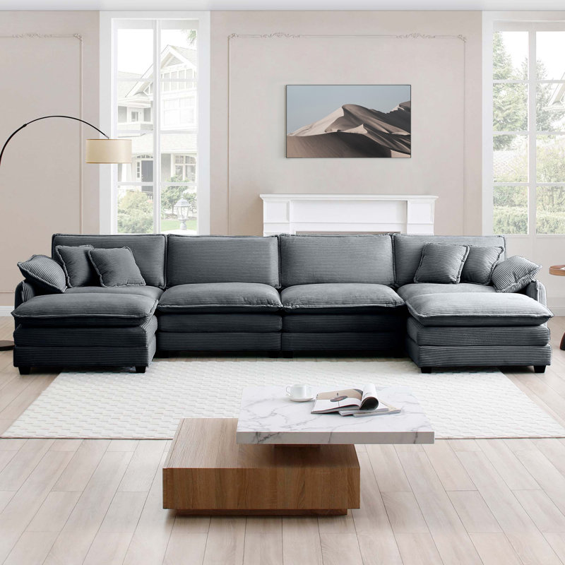 Kaoruko Over Size U Shape Corduroy Sofa , Modern Upholstered 4 Seater Sofa With 2 Ottomans, Premium Soft Corduroy Fabric Sofa