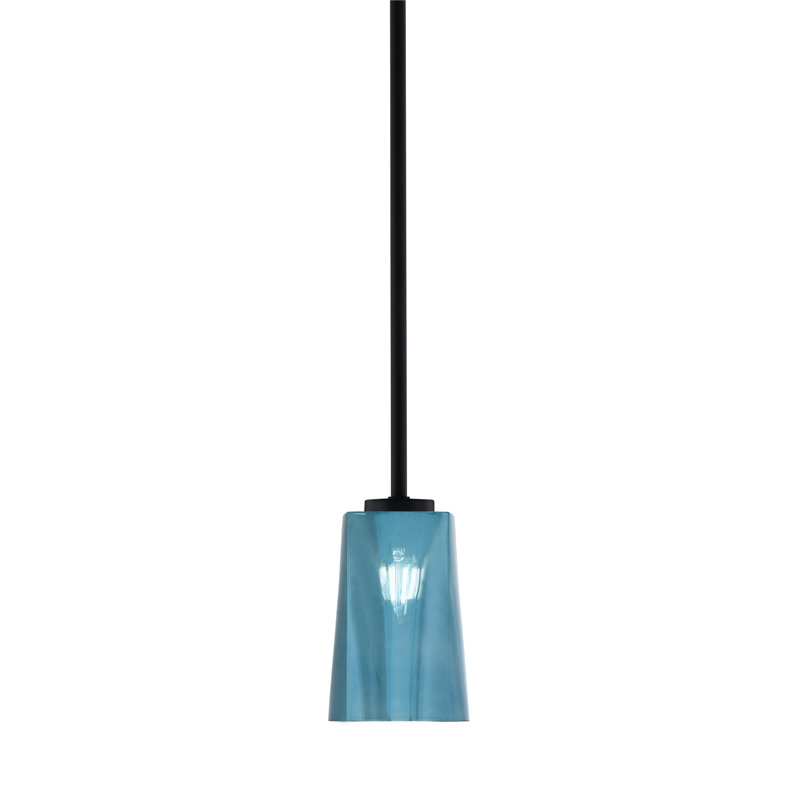 Mini suspension Nicomedes Stem présentée en finition noir mat avec verre dégradé bleu de 11,4 cm de large x 16,5 cm de hauteur
