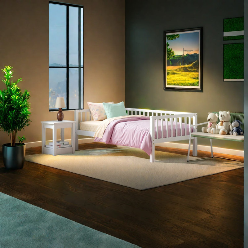 Lits avec barrière de sécurité, lit de jour simple en bois, chambre de ferme moderne, Blanc