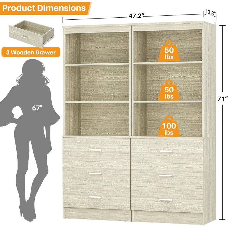 47.2" Closet System with 6 Wooden Drawers, White Oak
