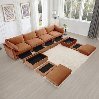 Canapé en U à 4 places avec repose-pieds avec repose-pieds, canapé à 4 places avec 2 repose-pieds mobiles, canapé modulaire surdimensionné avec 6 sièges et tiroir de rangement sous chaque siège, Chenille Orang