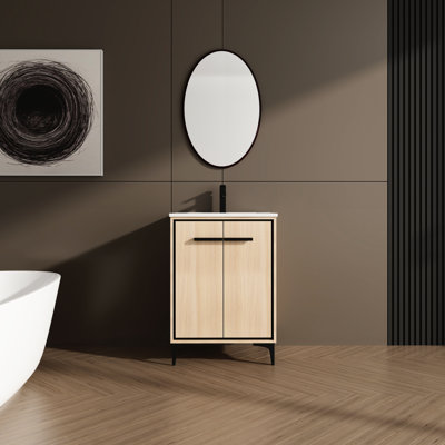 Meuble-lavabo de 24 po avec lavabo, chambre de rangement en bois d'ingénierie, garde au sec et propre, liste de contrôle des exigences d'assemblage facile, charme esthétique américain, commode Glisten couleur chêne, empêche l'intrusion, simple