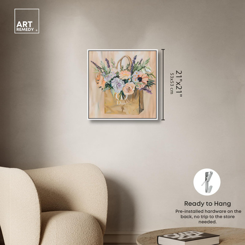 Art sur toile vert et pêche, H 21 po x l 21 po x P 1,8 po, Cadre flottant blanc