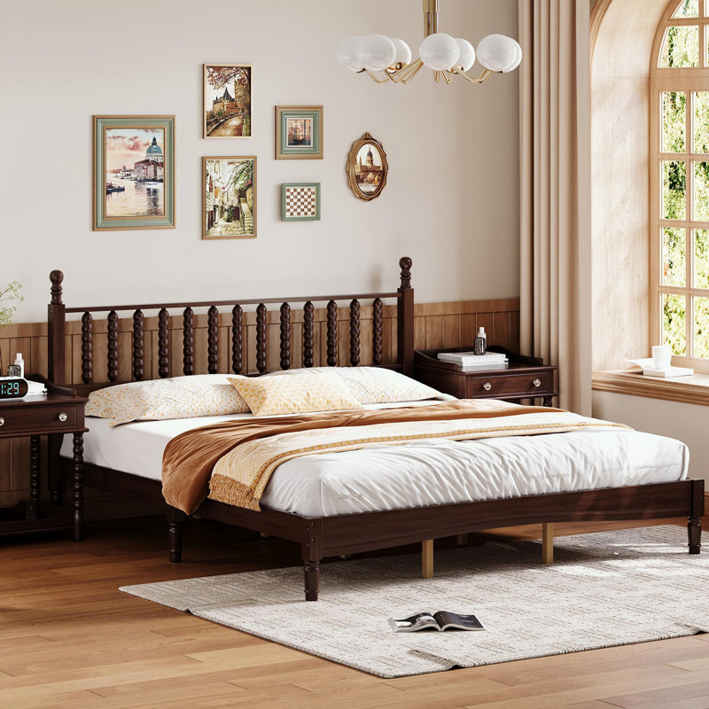 Lit plateforme double en bois avec tête de lit en forme de gourde, Double