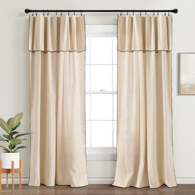 Lush Decor Modern Faux Linen Embroidered Edge With Attached Valance Semi-Sheer Curtain Panels Pair Drapes (Set of 2)