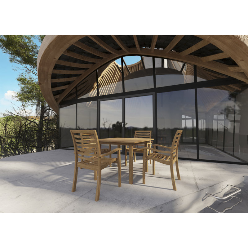Ensemble repas d'extérieur carré en teck 5 pièces avec fauteuils empilables Mathieu