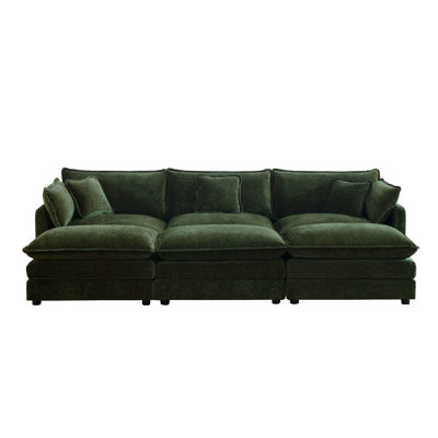 Green Chenille Deep Seat Reversible Modular 3-Seat U-Shaped Sectional Couch with Ottomans & Pillows