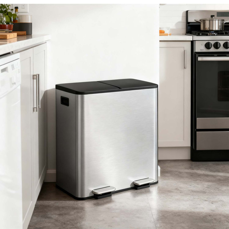 Grande poubelle double en acier inoxydable avec couvercle pour la cuisine, 21.2, Gris