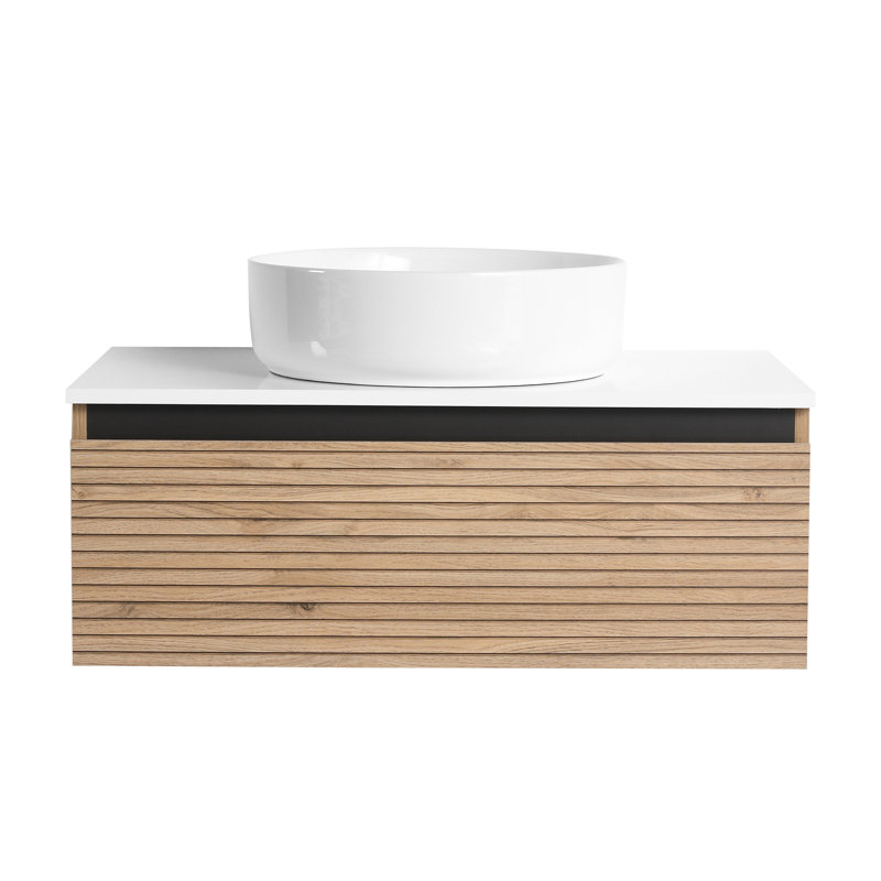 Meuble-lavabo de 30 po avec lavabo en céramique Art White, tiroir silencieux à fermeture en douceur, rayures uniques de la mi-été, base en contreplaqué à bords inclinés à 45 po facile à installer avec hygiène douce et attrayante 2/3