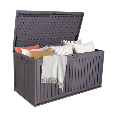 Boîte de rangement pour terrasse en plastique 100 gallons imperméable et étanche avec poignées latérales, contenants verrouillables pour les meubles de patio, accessoires de piscine, outils de jardin brun