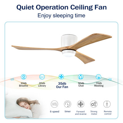 Ventilateur de plafond encastré de 52 po à pales en bois massif avec lumières Télécommande, moteur à courant continu silencieux, 6 vitesses, ventilateur de plafond réversible pour patio, salon, chambre à coucher, bureau, intérieur (blanc mat + naturel)