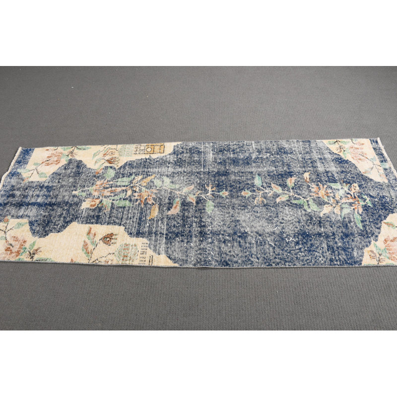 Tapis de couloir rétro vintage bleu Oushak pour la cuisine et les escaliers avec un design antique d'Anatolie