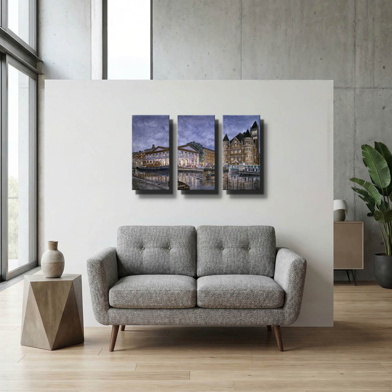 « Syracuse : les écluses et l'hôtel de ville », triptyque mural de Stanton Manolakas, 91,4 cm x 61 cm, 78 po x 34 po