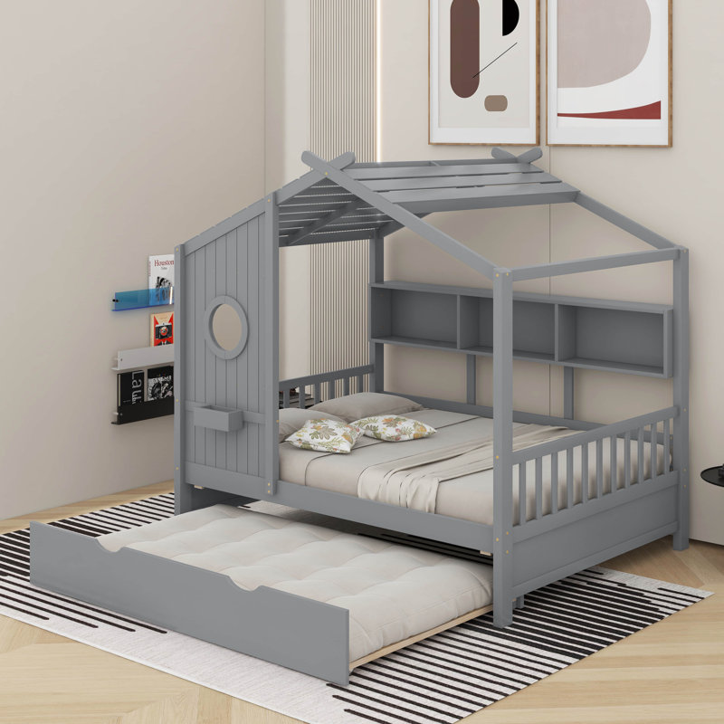 Lit double en bois avec lit gigogne et tablette de rangement, Gris