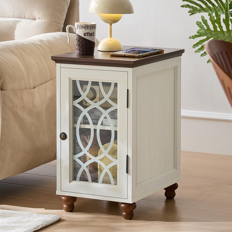 Table d'appoint étroite avec rangement en verre, Blanc antique, Ensemble de 2