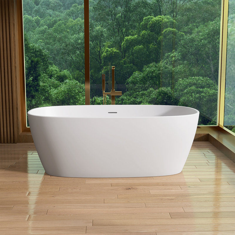 Baignoire de trempage autoportante de 63 po de longueur x 33 po de couleur unie blanche mat avec trop-plein central