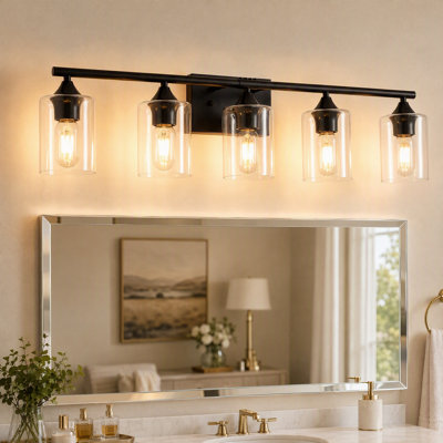 Éclairage pour salle de bain 5 lumières cylindrique en verre transparent noir mat